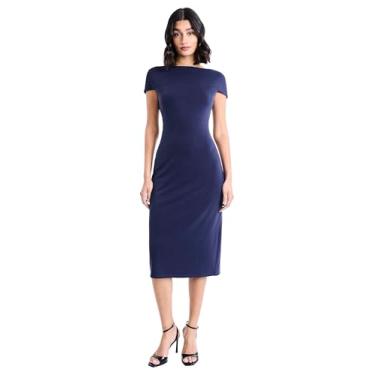 Imagem de Maggy London Vestido feminino de manga curta e gola canoa - Vestidos profissionais de trabalho para convidados de casamento, Azul noturno, 36