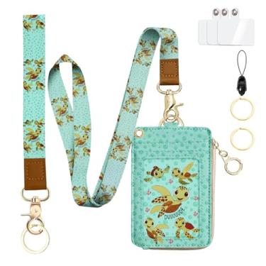Imagem de bolimoss Carteira de cordão de tartaruga com porta-crachá de identidade, chaveiro de couro RFID fofo com bolso com zíper cordão removível no pescoço suporte de telefone chaveiro, suporte de etiqueta