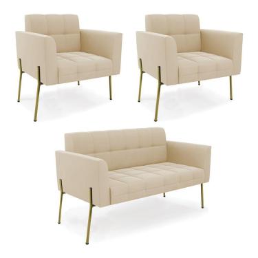Imagem de Sofá Namoradeira E 2 Poltronas Pé De Ferro Dourado Elisa Suede D03 - D'rossi Cor Bege