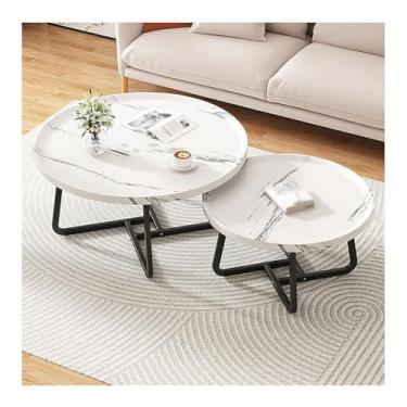 Imagem de HGTRH Mesas de encaixe redondas para sala de estar, conjunto de 2 mesas de centro modernas com suporte de aço carbono HDF empilhável para apartamento, sala de estar, quarto, varanda, branco, 50 cm +