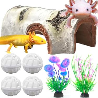 Imagem de VZqola Conjunto de 7 peças de esconderijo axolote com caverna bolas de filtro de plantas aquáticas falsas répteis esconde aquário terrário canto esconderijo subterrâneo tartaruga esconderijo lagarto