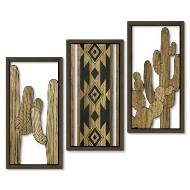 Imagem de Putuo Decor Conjunto de 3 decoração de parede de cacto, arte abstrata boho de planta do deserto, decoração de parede MDF moderna de meados do século para quarto, sala de estar, escritório (castanho)