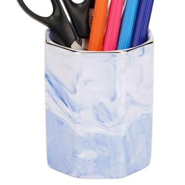 Imagem de BUNCHBRAVO Porta-pincéis de maquiagem de mármore azul – Recipiente redondo de cerâmica com aro dourado, organizador elegante e versátil para penteadeira, mesa ou banheiro