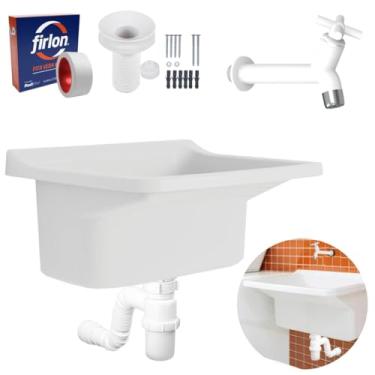 Imagem de Tanque Plástico 34L Para Lavanderia Branco + Sifão Copo Universal Sanfonado + Veda Rosca + Torneira Branca