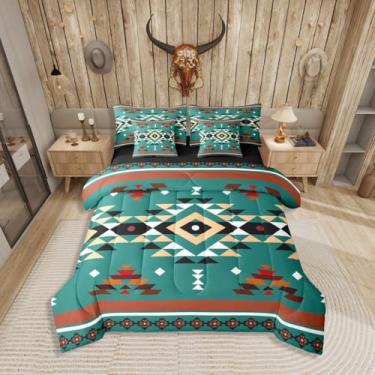 Imagem de Conjunto de cama queen asteca amarelo azul-petróleo branco asteca, cama rústica do sudoeste em uma bolsa, conjunto de cama de diamante geométrico inclui edredom, conjunto de lençol, fronhas e fronhas