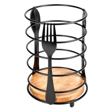 Imagem de Suporte Para Talheres Organizador De Bancada Em Aço Com Base De Madeira Uso Cozinha Área Gourmet Mesa Posta Porta Talheres Resistente Decorativo