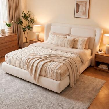 Imagem de Cama Japonesa Queen Seo com Cabeceira Blind Estofada Bouclé Off White Madeira Eucalipto Sallar Home 174CM