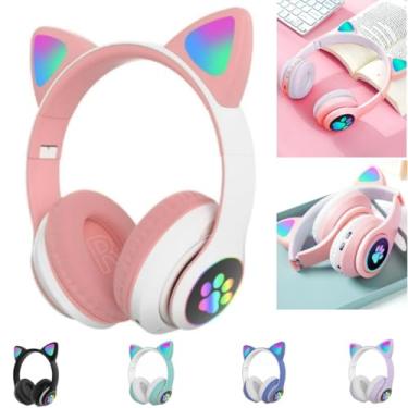 Imagem de Fone De Ouvido Com Led Infantil Orelhinha Gato MUSICA SEM FIO COLORIDO GATINHO Bluetooth (ROSA)