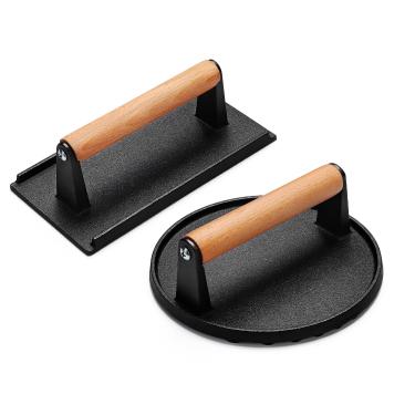 Imagem de AIVIKI Prensa de hambúrguer, prensa de hambúrguer para chapa Blackstone, ferro fundido resistente, redondo, 17 cm e retangular, 21 x 10 cm, prensa para churrasqueira com cabo de madeira, peso de bife