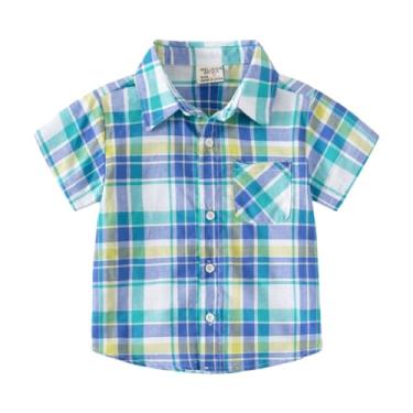 Imagem de Yueary Camiseta infantil Toddle para meninos/meninas, manga curta, xadrez, clássica, unissex, leve, casual, Azul, 90/18-24 M