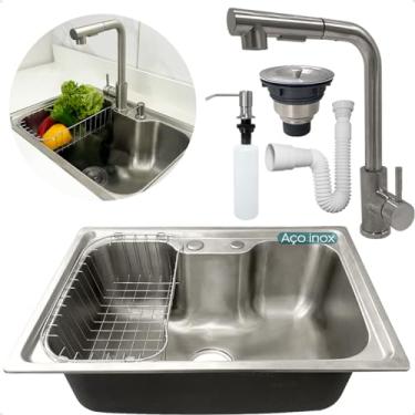 Imagem de Dona D Cor, Kit Cozinha Gourmet Cuba Inox 304 60x42 Com Torneira Monocomando 90 Graus Porta Detergente 500ml Valvula E Sifão Flexivel Universal Kit Cozinha 5 Pçs