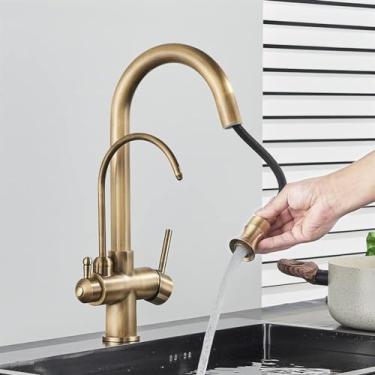 Imagem de Torneira com filtro de água de 3 vias, torneira antiga de latão removível, alça dupla, pia, torneira misturadora de água potável quente e fria