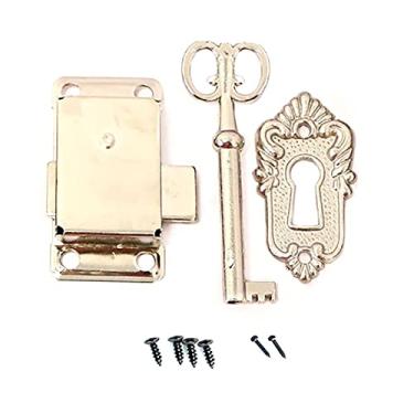 Imagem de Fechadura de porta antiga com chave para armário e gaveta conjunto de fechaduras de caixa de joias decorativas