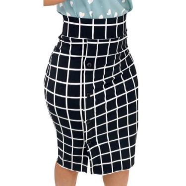 Imagem de Saia Social Midi Suplex com Fenda e Botões - G-Store, Preto, Xadrez, M