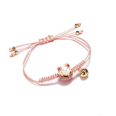 Imagem de Rockyu Pulseira feminina de cerâmica Maneki Neko Bell Good Luck para mulheres, cordão trançado feito à mão, vermelho, branco, rosa, preto, verde, amuleto, presente de amizade, Corda de cerâmica de aço