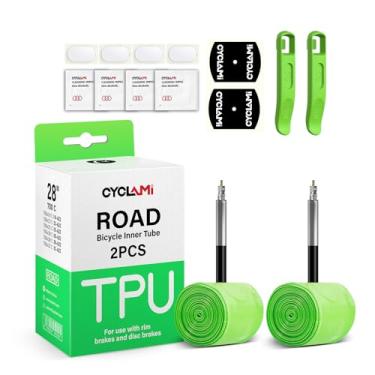 Imagem de CYCLAMI 2Pcs Ultralight 700C Bike Inner Chamber 30G Tpu Road Bicycle Pneu 28'' 700 X 18 23 25 28 30 32C Comprimento da Válvula French 45Mm para Adulto(Inclui 4 Kits de Reparo de Remendo de Câmara de B