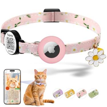 Imagem de QR Code + coleira AirTag, coleira de segurança 2 em 1 com identificação on-line e suporte Apple AirTag, leve com sino e pingente de flor para gatos, 20 a 33 cm (rosa)