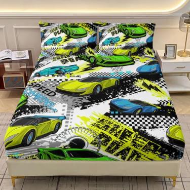 Imagem de AILONEN Jogo de lençol solteiro com desenho de carro de corrida verde, estampa de jogos de carros esportivos radicais, 3 peças, 1 lençol com elástico + 2 fronhas, respirável