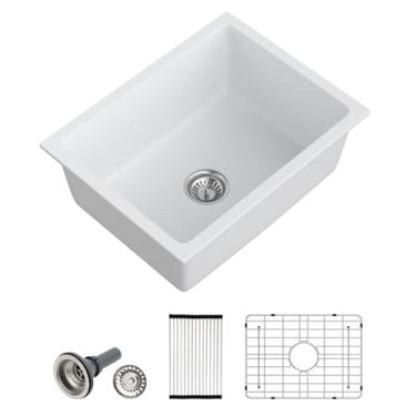 Imagem de Dcolora Pia de barra úmida embutida de 55 cm, tigela única, pia de cozinha moderna, granito branco, preparação profunda, lavatório pequeno, 56 cm x 43 cm, DC-GUW003