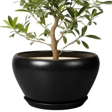Imagem de Ceramicfor Vaso de cerâmica grande para plantas, vaso de 33 cm, interior com orifício de drenagem e pires, vaso decorativo, vaso de flores ao ar livre, para decoração de casa, varanda, preto