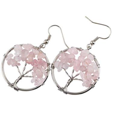 Imagem de Nupuyai Brincos com pingente de árvore da vida, brincos de gancho de pedras polidas para mulheres, Pedra Metal, Pedra de cristal de quartzo rosa,