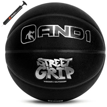 Imagem de AND1 Street Grip Bola de basquete e bomba de couro composto premium - tamanho oficial 7 (75 cm), streetball, feito para jogos de basquete internos e externos (preto)
