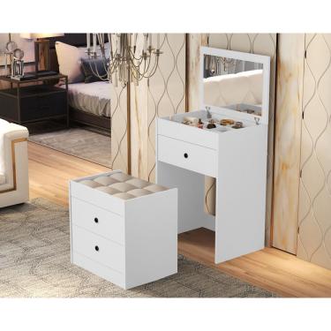 Imagem de Penteadeira Cômoda 3 Gavetas C/espelho Banqueta - Branco