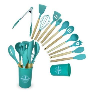 Imagem de Concha Escumadeira Jogo  Colheres E Talheres Silicone 12 peças, Verde