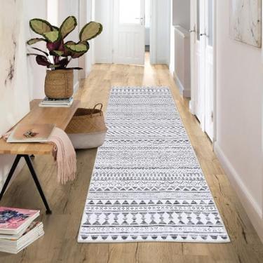 Imagem de dainslef Tapete de corredor moderno lavável 5 x 20 cm tapete neutro tribal geométrico longo antiderrapante antiderrapante entrada de cozinha banheiro tapete de chão para sala de estar quarto, cinza