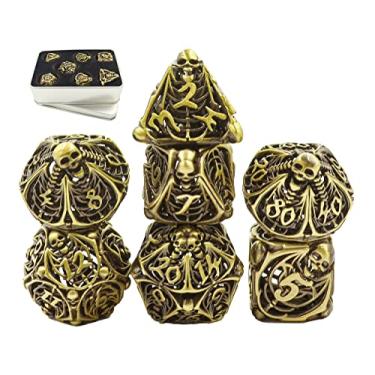 Imagem de ALOBGHDC Hollow Metal Dice Set DND Polyhedral Dungeons and Dragon Dice Game Mat Pathfinder Card Play Magic 7 Pcs Dice D&D Gifts Box Blue Elf Cool RPG MTG Table Math Teaching(Skull_Ancient Bronze)