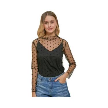 Imagem de Blusa Feminina Sexy de Renda com Manga Longa - Gola Listrada com Bolin