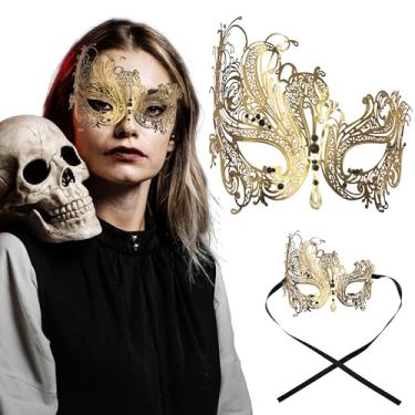 Imagem de Máscara feminina de filigrana de metal – máscara estilo cisne com strass para carnaval, baile, dia das bruxas e festas venezianas, Pedras douradas/pretas, tamanho nico