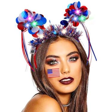 Imagem de Firuilo Light Up 4th of July Headband LED Red White Blue Tinsel Hairbands Independance Day Patriotic Head Bands for Women