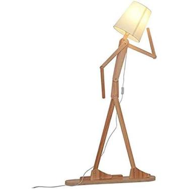 Imagem de Diy Wooden Man Floor Lamp Light Com Sombra De Tecido Branco, Luz De Pé De Altura Ajustável Para Sala De Estar Quarto Escritório Decoração De Café, Teak