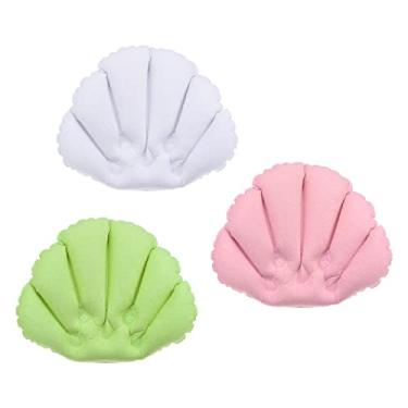 Imagem de PATIKIL Travesseiro inflável de banho com ventosas, pacote com 3 unidades de tecido felpudo coberto em forma de concha para banheira de hidromassagem (rosa, branco, verde)