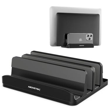 Imagem de Suporte vertical para laptop – AboveTEK – 3 compartimentos para computador, tablet, telefone – serve para todos os modelos de laptop (até 17,3 polegadas) - Suporte de mesa de alumínio polido