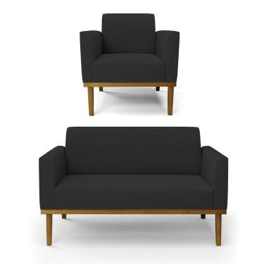 Imagem de Sofá Namoradeira Com Poltrona Base De Madeira Fixa Castanho Marisa Veludo D03 - D?rossi Cor Preto