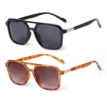 Imagem de VIA LEECA Pacote com 2 óculos de sol aviador retrô para mulheres e homens, óculos de sol femininos quadrados dos anos 70 da moda, Armação preta, lente cinza/armação laranja tartaruga, lente marrom, G