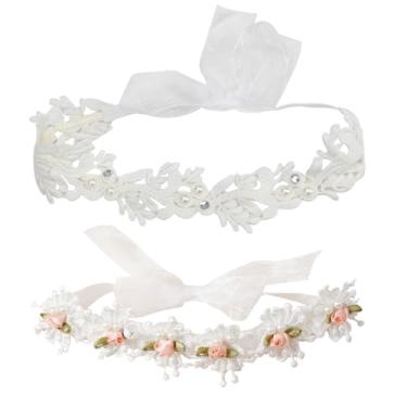 Imagem de Bandanas elegantes de batizado de flores brancas para bebês meninas, renda elástica macia com linda tira de cabelo de tule pérola, halo de batismo elástico para recém-nascidos puros (acima de 6 meses