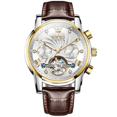 Imagem de OLEVS Relógio masculino de couro esqueleto automático mecânico turbilhão calendário fase da lua luminoso à prova d'água relógio de pulso luxuoso para negócios, 7088: mostrador branco e couro marrom