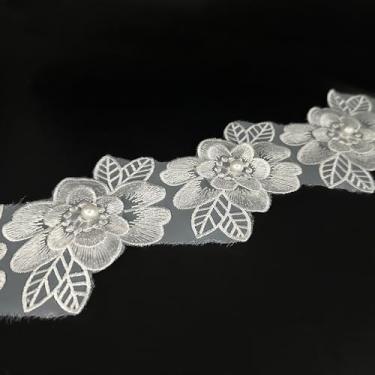 Imagem de Flor vintage de 2 jardas com contas de pérola branca acabamento de borda de renda tecido floral apliques fita de renda para casamento, vestido de noiva, roupas de fantasia, decoração de festa em casa