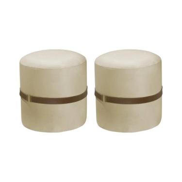 Imagem de Kit 2 Puffs Decorativos Redondo Old Com Cinto Estofado Veludo Bege