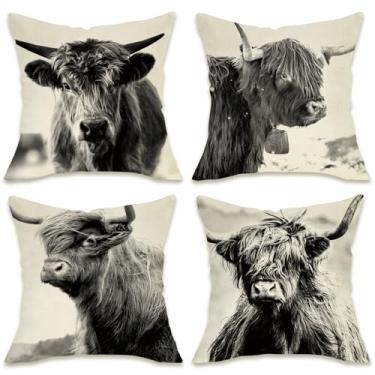 Imagem de Fahrendom Farmhouse Highland Cow Capas de almofada decorativas 45 x 45 conjunto de 4, preto branco vintage animais de fazenda varanda pátio exterior fronha, capa de almofada rústica para sofá