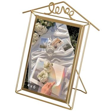 Imagem de Fabulaxe Moldura flutuante decorativa de metal dourado de 23 x 15 cm para fotos verticais de 15 x 10 cm com cavalete para casa, escritório, sala de estar, quarto, eventos de casamento, mesa