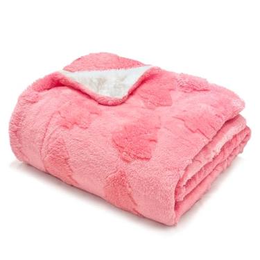 Imagem de Cobertor de Natal sherpa 127 x 152 cm para decoração de casa, árvore de Natal rosa jacquard flanela macia cobertor de lã para cama, sofá, decoração de Natal, presentes para mulheres, homens