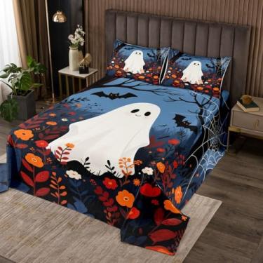 Imagem de Manfei Colcha de cama queen de fantasma fofo, conjunto de colcha de morcegos com folhas de flores em aquarela, 3 peças, tema de Halloween, colcha acolchoada com 2 fronhas, decoração de quarto de