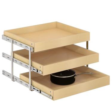 Imagem de WelFurGeer Gavetas de armário de madeira compensada de 66 cm com 3 camadas, prateleiras deslizantes lisas para armários de cozinha, gavetas removíveis para organização de cozinha doméstica