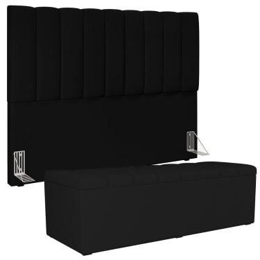 Imagem de Kit Cabeceira Cama Box Casal King 195cm com Calçadeira Baú Dália W01 Suede Preto - Lyam