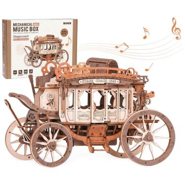 Imagem de Quebra Cabeças 3D em Madeira para Adultos, Tema Caixa de Música Carruagem Retrô do Velho Oeste com 199 Peças, ROKR