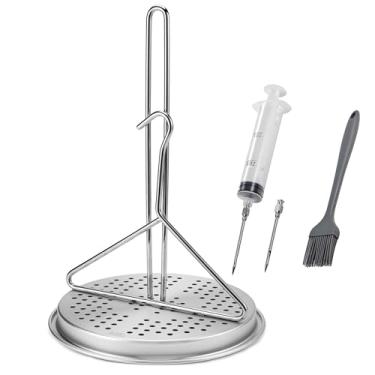 Imagem de BOHK Perforated Aluminum Turkey Chicken Poultry Deep Frying Rack with Chrome Finish Wire Handle Lifter Hook Seasoning Injector Silicone Brush